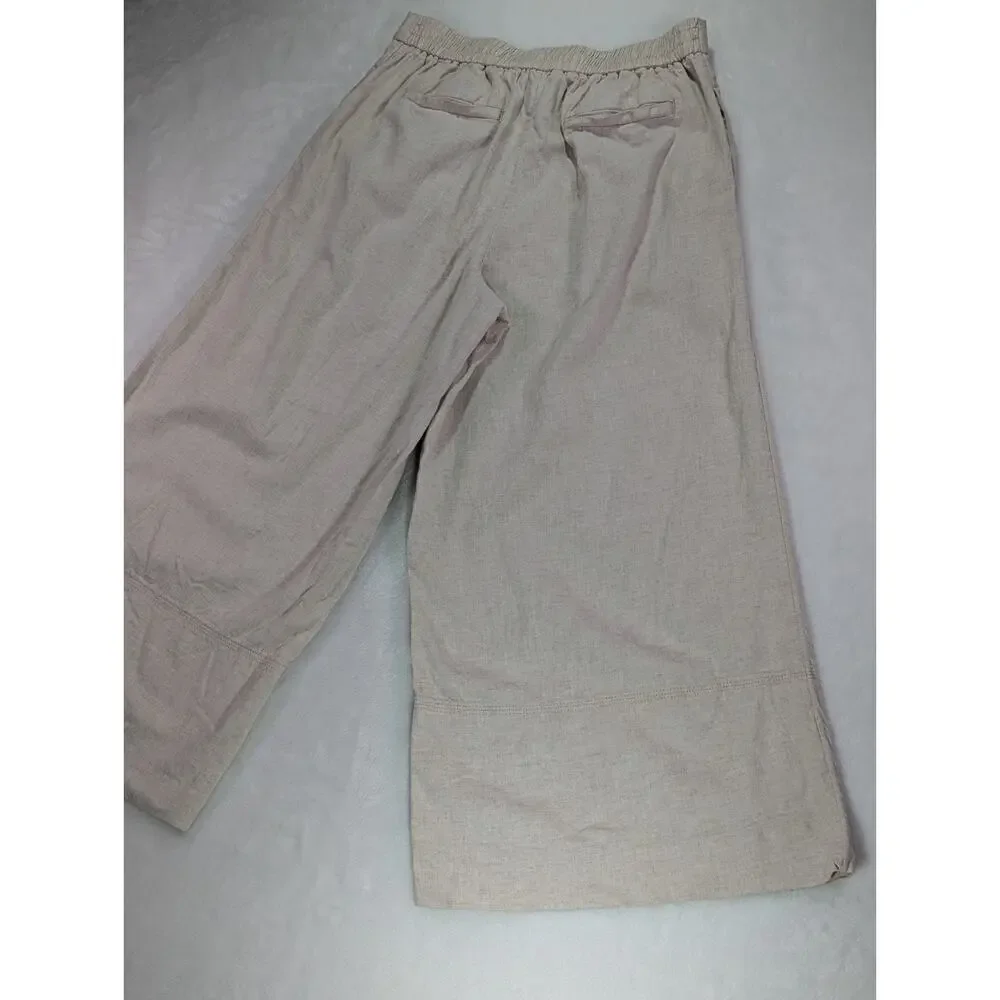 Banana Republic Womens Small Beige Linen Blend Wide Leg Cropped Elastic Pants